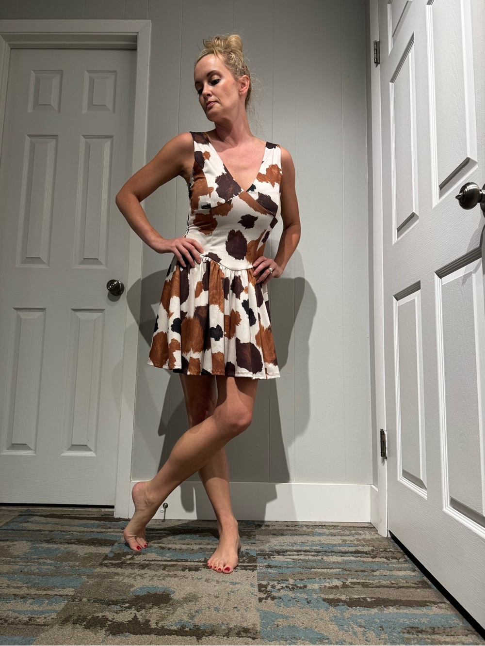 Brown & White Cowprint V-Neck Sleeveless Mini Dress